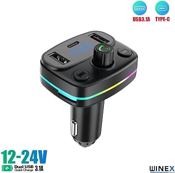 Winex M44 – Transmetteur FM Bluetooth mains libres, lecteur MP3 et chargeur de voiture avec sortie Type-C
