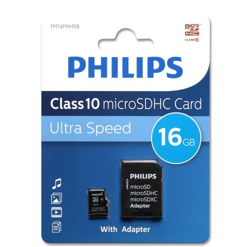 Carte Mémoire Philips Micro SD HC 16Go Classe 10 Avec Adaptateur